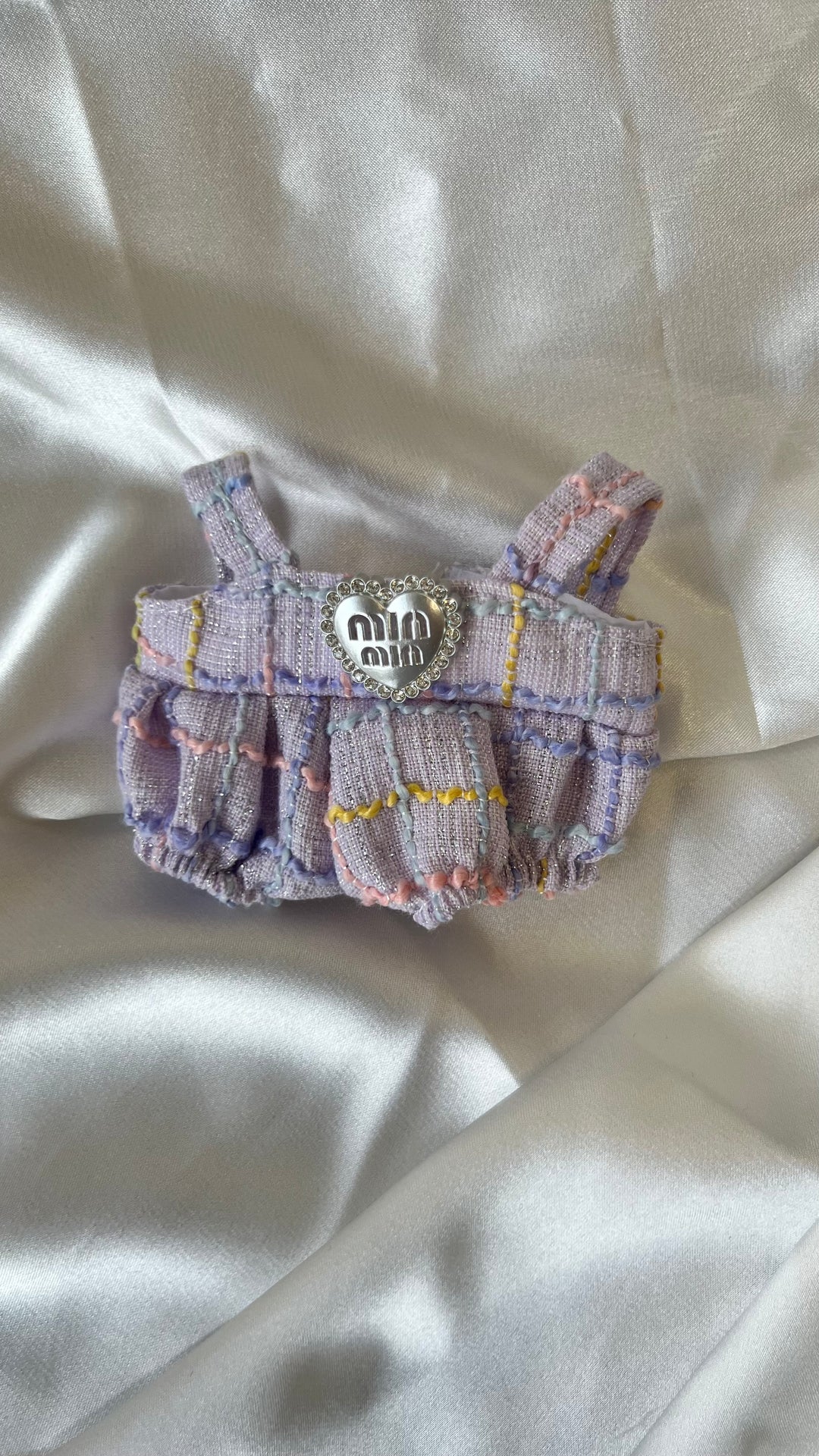 Labubu Lavender Tweed Set - Purple Overalls & Yellow Bow Accessory (17cm)