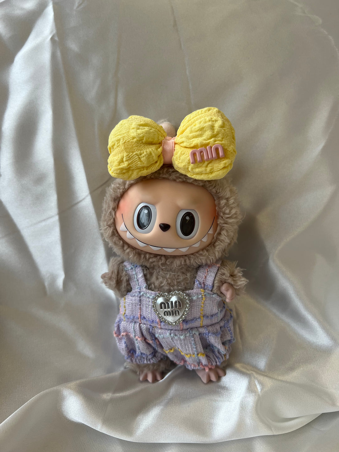 Labubu Lavender Tweed Set - Purple Overalls & Yellow Bow Accessory (17cm)