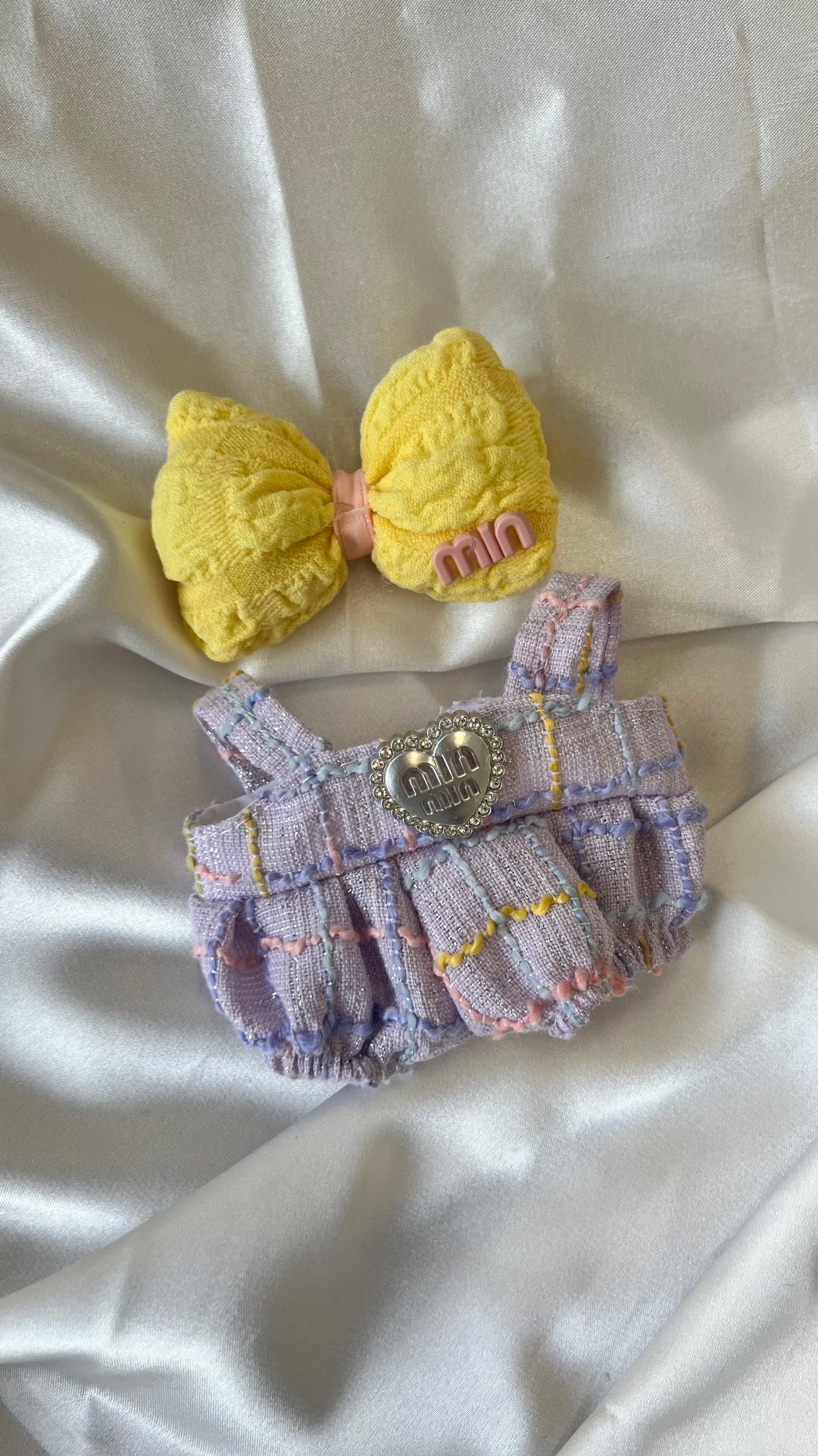 Labubu Lavender Tweed Set - Purple Overalls & Yellow Bow Accessory (17cm)