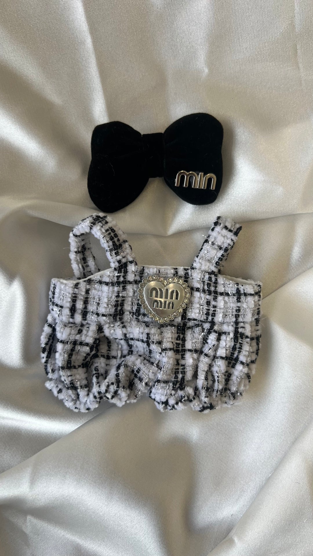 Labubu Black and White Tweed Romper Set with Bow Headband