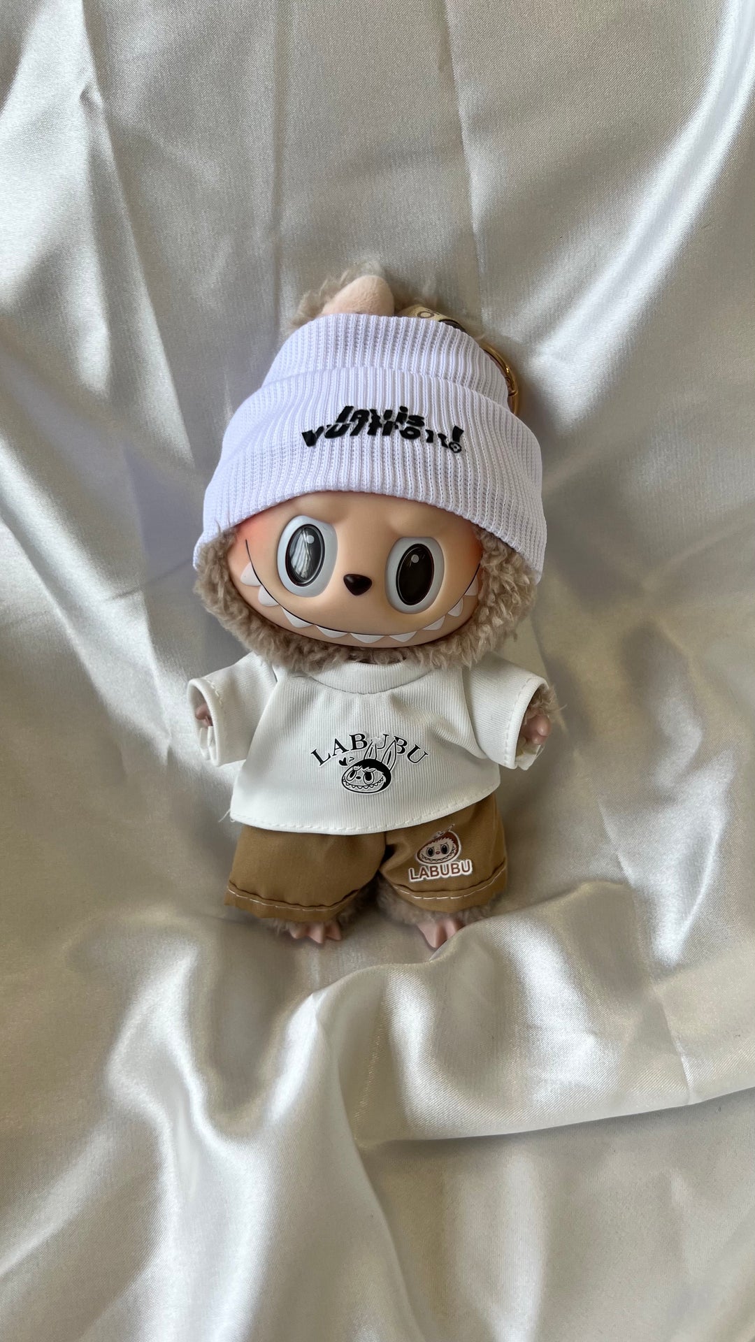 Labubu Casual Streetwear Set - White Beanie and Khaki Shorts