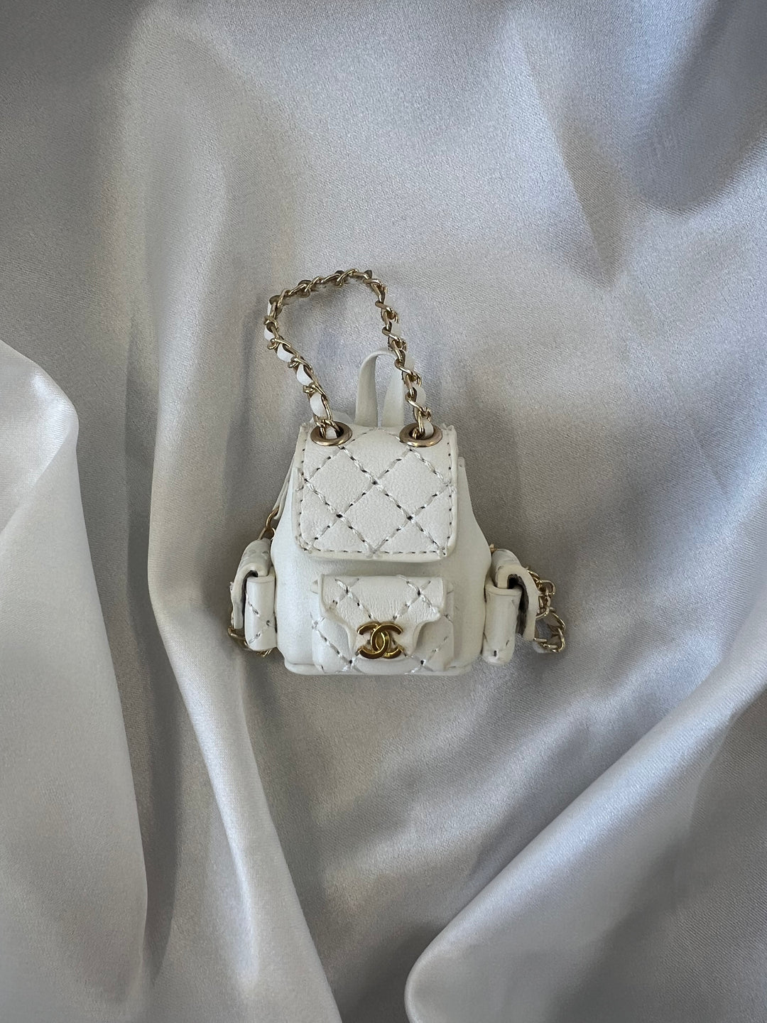 Labubu Miniature Luxury Backpack - White Quilted with Gold Accents