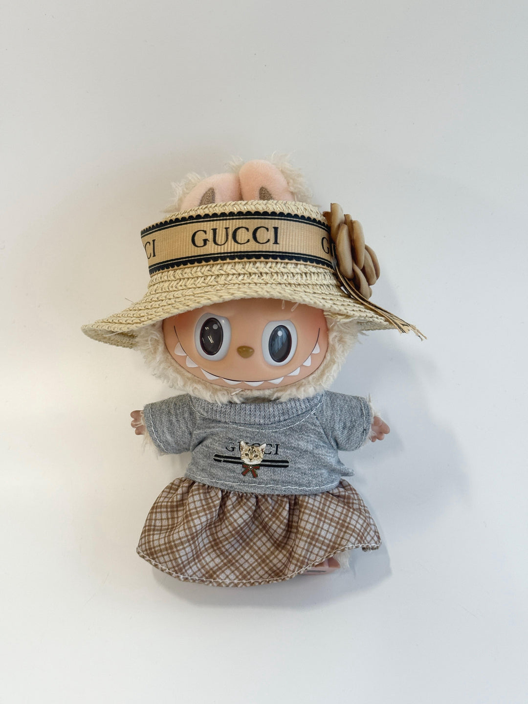Labubu GG-Inspired Straw Hat & Sweater Set with Plaid Skirt