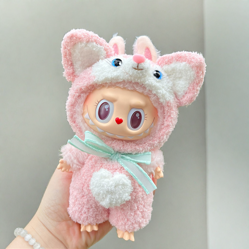 Labubu コージーフーディー衣装セット - ピンク×ブルーリボン＆ハート (17cm)