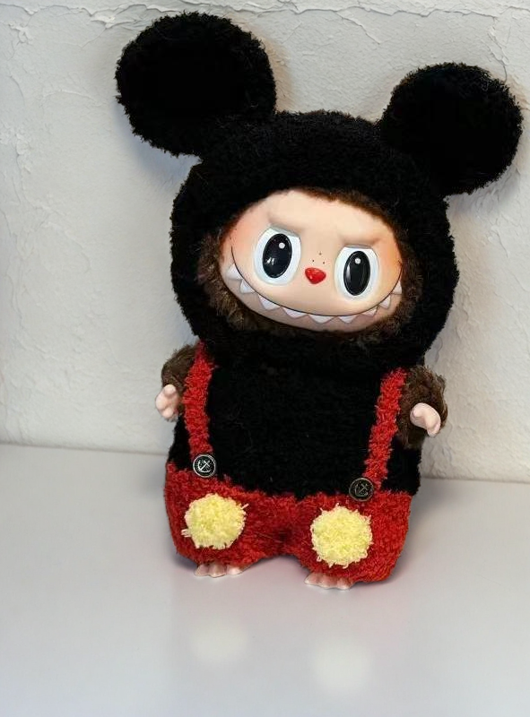 Labubu Classic Cartoon Outfit Set - Black Hoodie & Red Overalls (17cm)