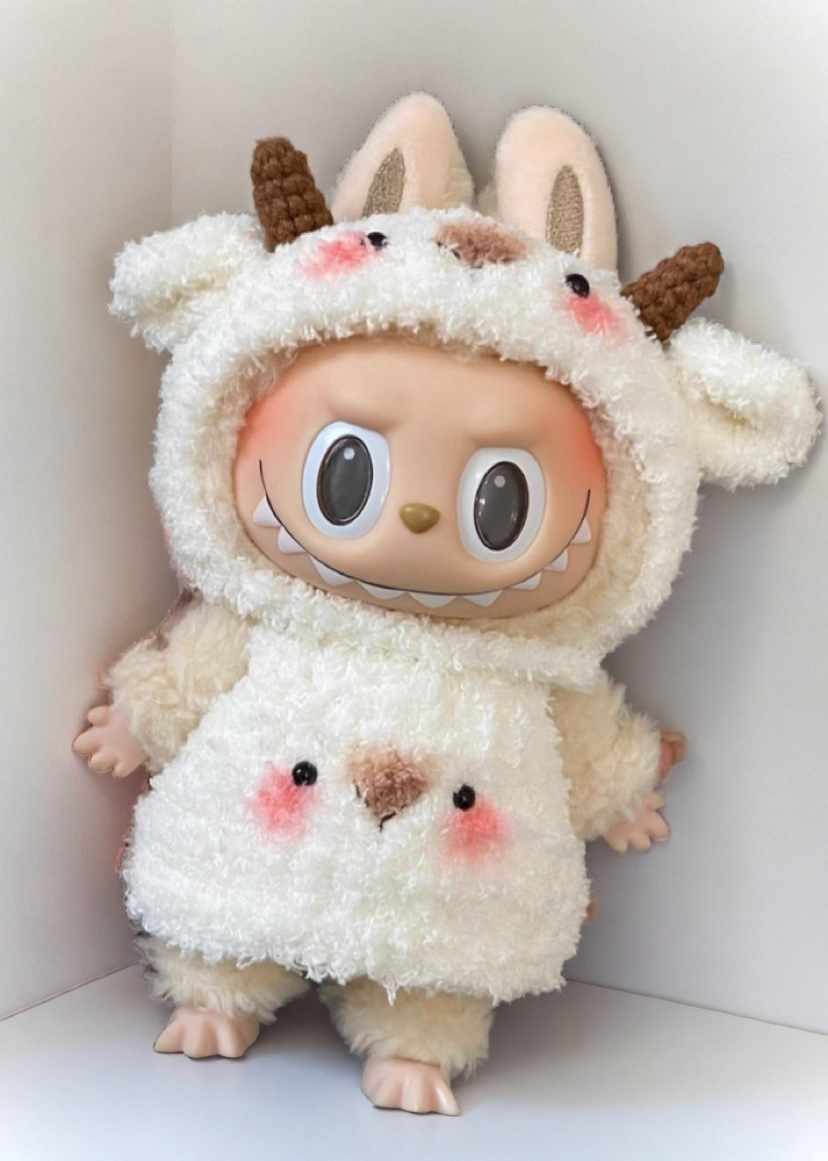 Labubu フラッフィーゴートコスチュームセット - クリームホワイトの角付きワンピース (17cm)