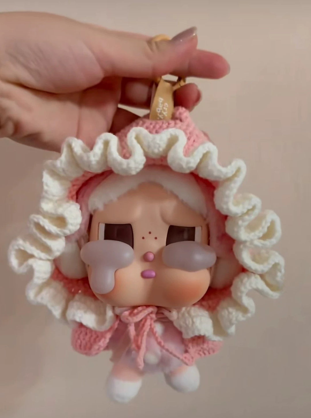 Crybaby Pink Bonnet Outfit - Crochet Hood with White Ruffle